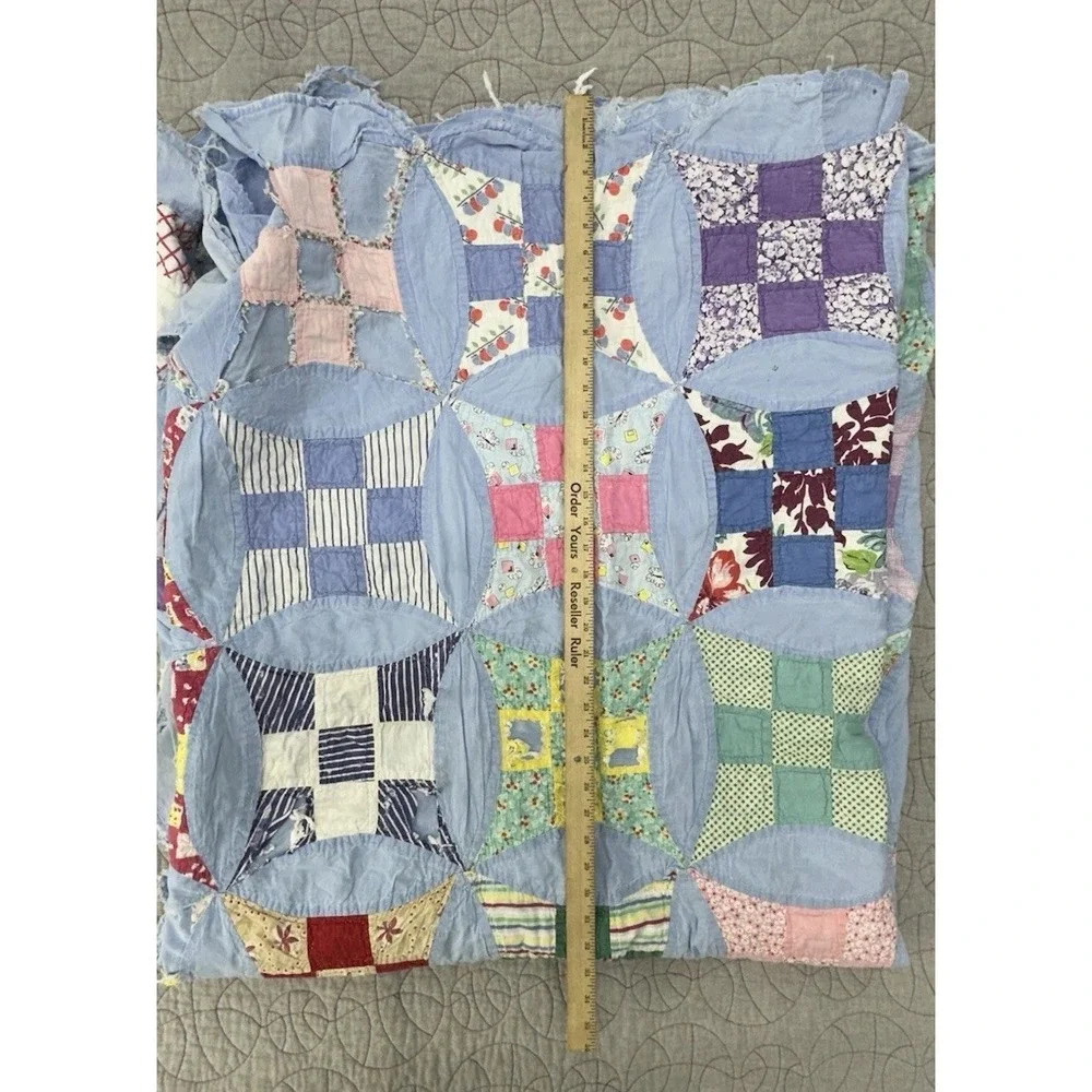 Antique Cutter Quilt Blue Drunkards‎ Path Patchwork Primitive Fabric Handmade